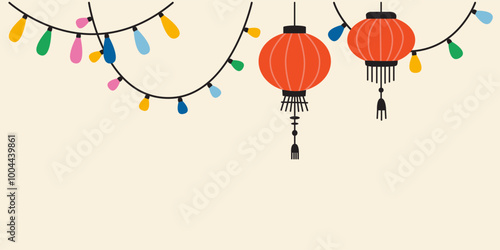Background with Hanging red Chinese lantern and garlands with colorful light bulbs. Vector illustration, hand drawn, flat design