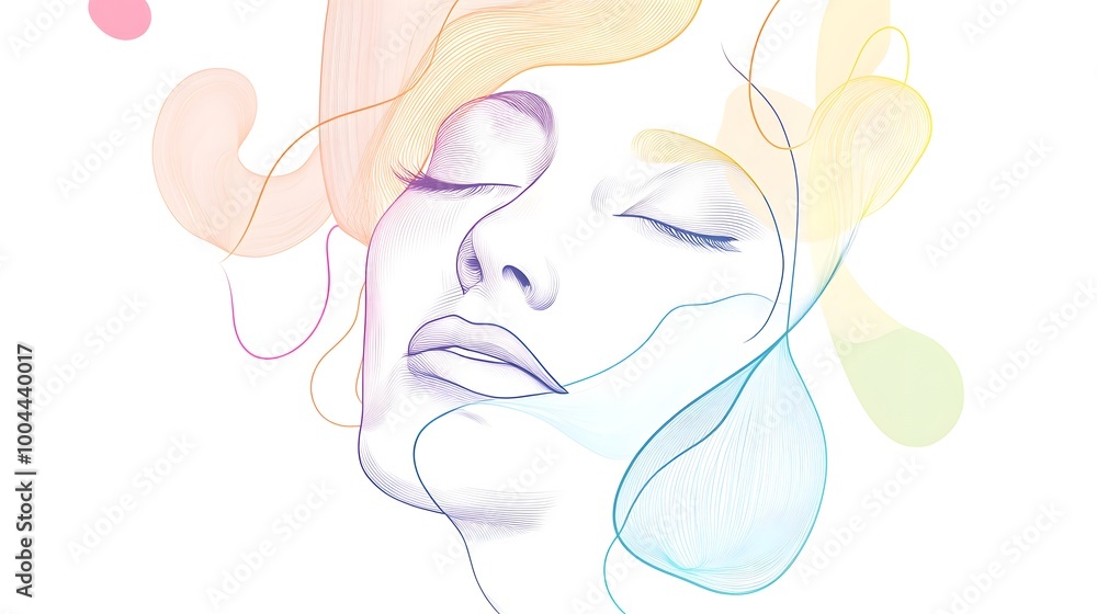 A beautiful line drawing of a face, eyes closed and lips slightly parted in an elegant pose, with colorful abstract shapes floating around it. A beautiful line drawing of a face, eyes closed and lips slightly parted in an elegant pose, with colorful abstract shapes floating around it.