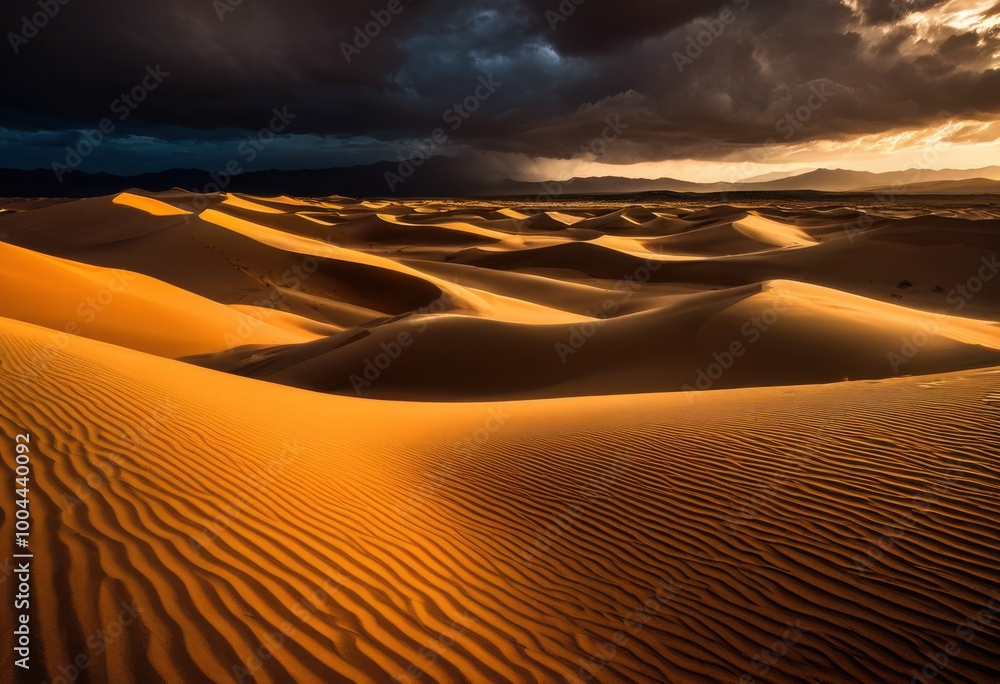 Naklejka premium vibrant sand dunes flowing under dramatic stormy sky swirling clouds soft light amidst tempestuous weather conditions, desert, landscape, color, texture