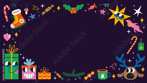 Round frame with Christmas attributes, vintage groovy characters, gifts, reindeer and decorative festive elements. Trendy modern vector illustration on dark background, hand drawn, flat design