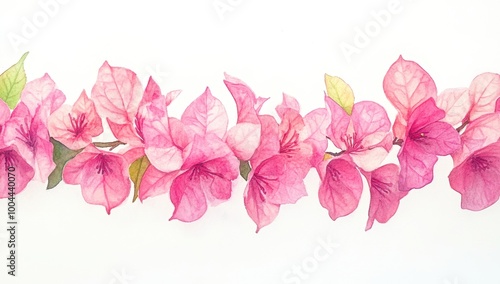 Watercolor painting of a pink bougainvillea flower garland on a white background, with pastel colors Generative AI