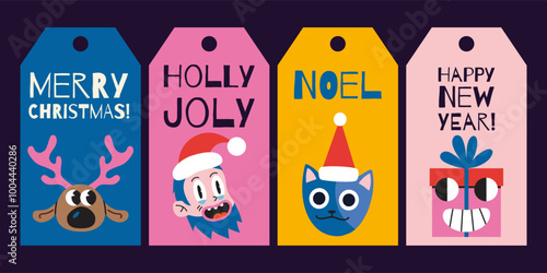 Festive gift tags and cards. Comic groovy characters, Santa Claus, reindeer, cat and holiday attributes. Trendy modern vector illustration in bright colors, flat design