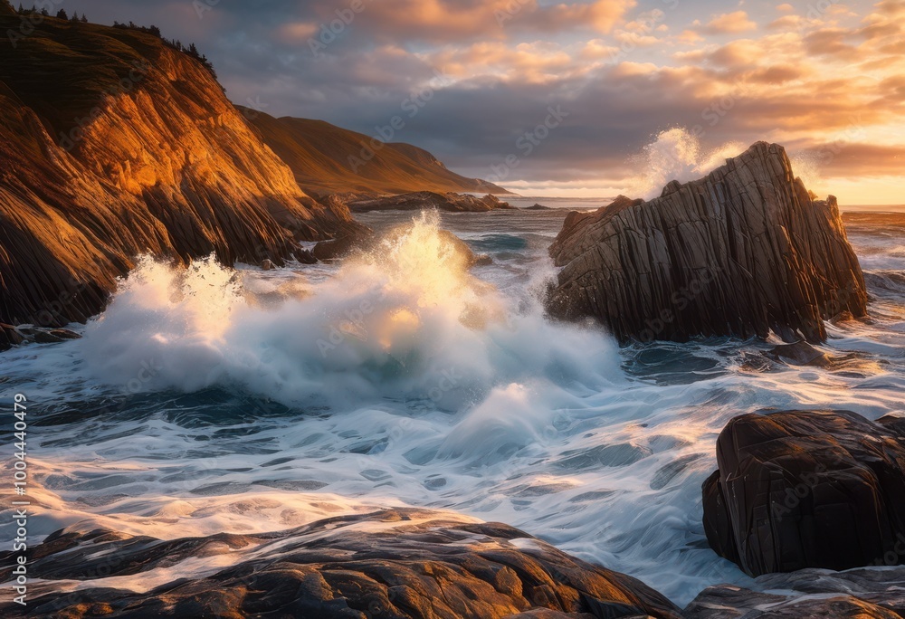 Obraz premium majestic waves crash rugged shoreline rocks creating stunning coastal landscape, ocean, beach, coastline, sea, surf, tide, foam, cliff, splashes, nature