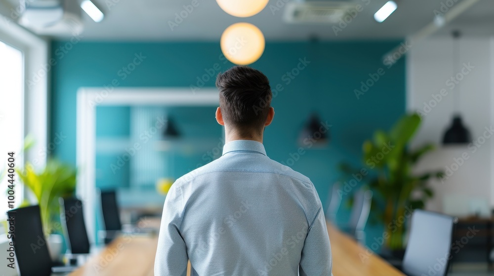 Back view of a businessman standing in a modern office conference room, facing the meeting table, preparing for a meeting or presentation.