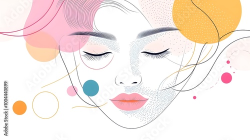 A beautiful line drawing of a face, eyes closed and lips slightly parted in an elegant pose, with colorful abstract shapes floating around it.