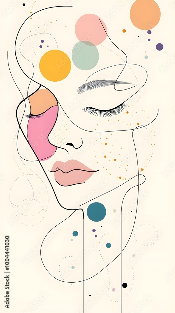 A beautiful line drawing of a face, eyes closed and lips slightly parted in an elegant pose, with colorful abstract shapes floating around it. A beautiful line drawing of a face, eyes closed and lips slightly parted in an elegant pose, with colorful abstract shapes floating around it.