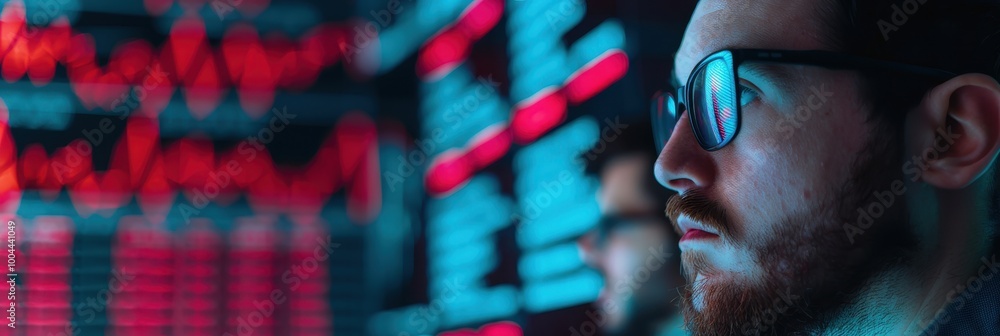 Close-up of a software engineer wearing glasses, intensely analyzing complex data on large digital screens. The image highlights the tech and cybersecurity field. Close-up of a software engineer wearing glasses, intensely analyzing complex data on large digital screens. The image highlights the tech and cybersecurity field.