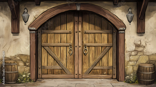 Renaissance fair doors featuring tudor-style timbering. Renaissance Fair. Illustration photo