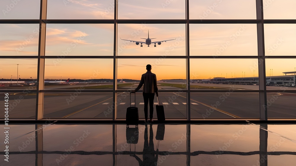 silhouette of a person at the airport watching a plane take off. travel by plane, passenger waiting in the airport, the silhouette of a passenger in the airport watching aircraft taking off. silhouette of a person at the airport watching a plane take off. travel by plane, passenger waiting in the airport, the silhouette of a passenger in the airport watching aircraft taking off.