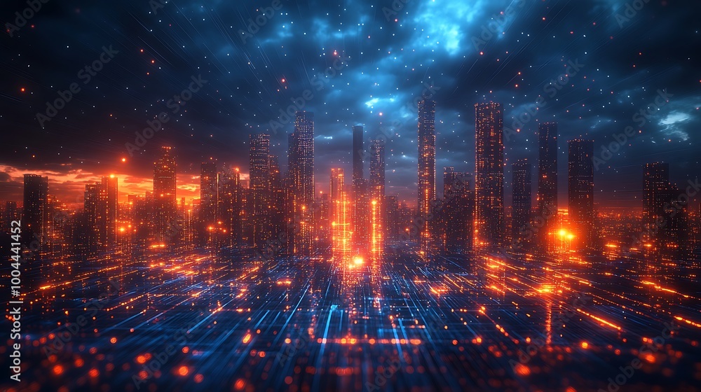 Obraz premium A digital city at night, glowing with advanced tech and lights. 