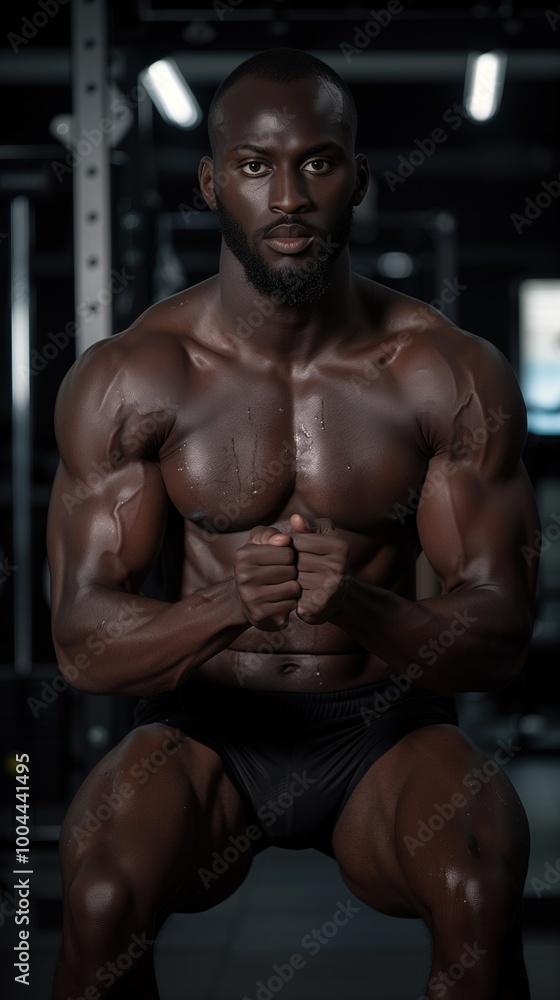 Black athletic trainer demonstrating a powerful squat in action. Fitness and strength training programs. Black athletic trainer demonstrating a powerful squat in action. Fitness and strength training programs.