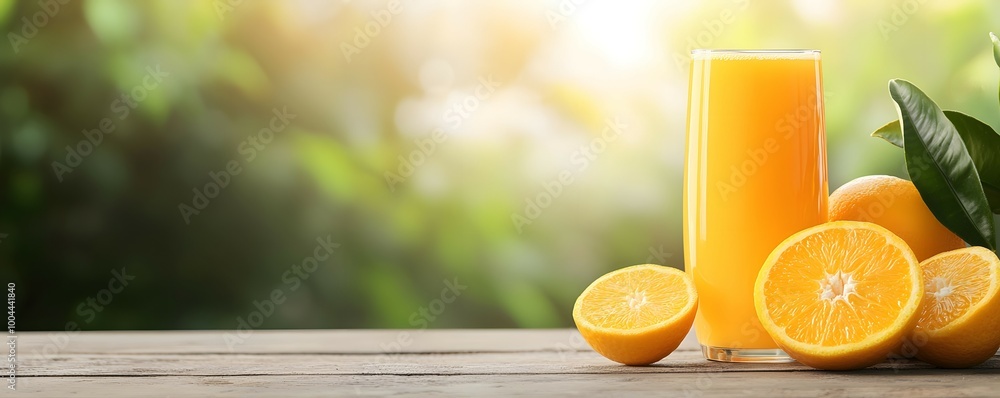 Naklejka premium Fresh orange juice served in a glass, along with whole oranges, against a soft-focus green background, capturing a vibrant and refreshing vibe.