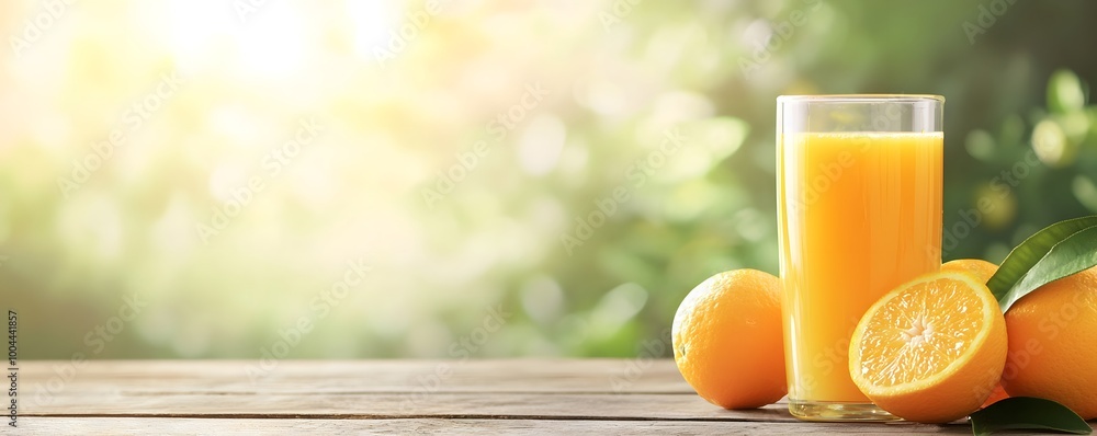 Naklejka premium A refreshing glass of orange juice next to fresh oranges, set against a bright, sunlit background with a wooden surface.