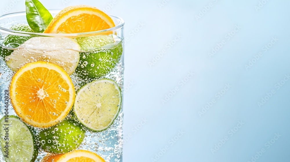 A refreshing glass of sparkling water filled with vibrant citrus slices, including oranges, limes, and lemons, set against a clear blue background. A refreshing glass of sparkling water filled with vibrant citrus slices, including oranges, limes, and lemons, set against a clear blue background.