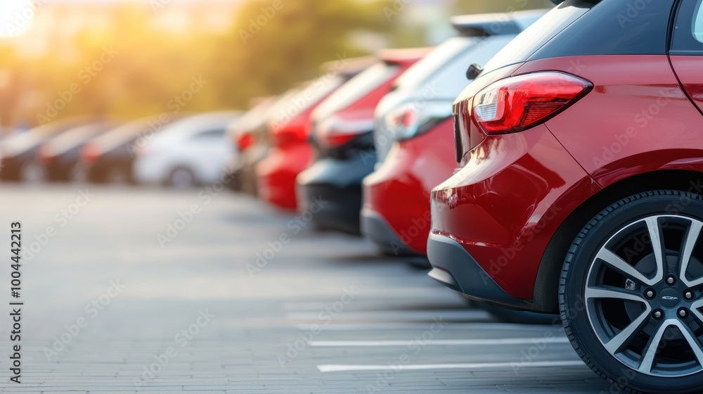 Fototapeta premium A row of parked cars in a lot during sunset, highlighting vehicle colors and arrangement.