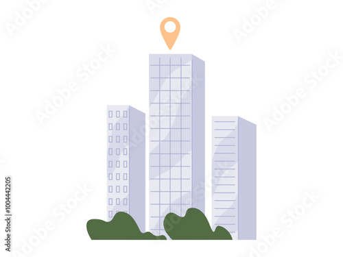 Urban city view with location pointer. Modern city, buildings with geo tag, architecture of big town. Municipal landscape with group of tall constructions. High-rise buildings, downtown skyscrapers