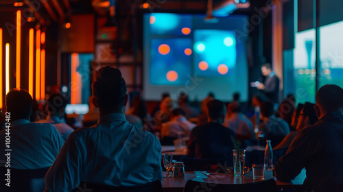 Blurry corporate event photo with a speaker on stage giving a presentation at a tech entrepreneur meeting copy space image