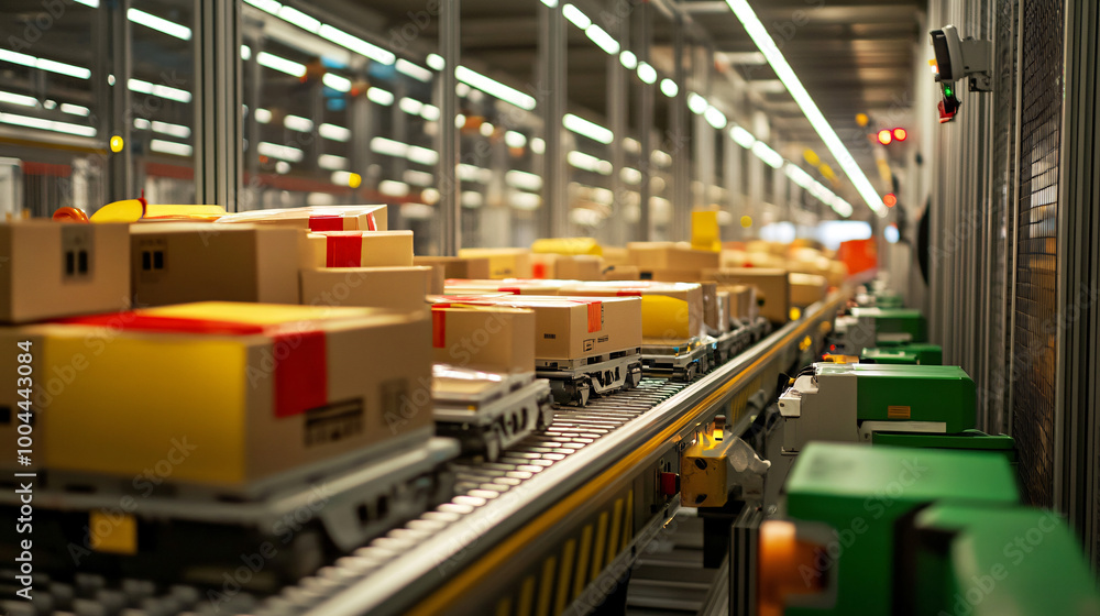 A robotic warehouse system sorting packages. A robotic warehouse system sorting packages.
