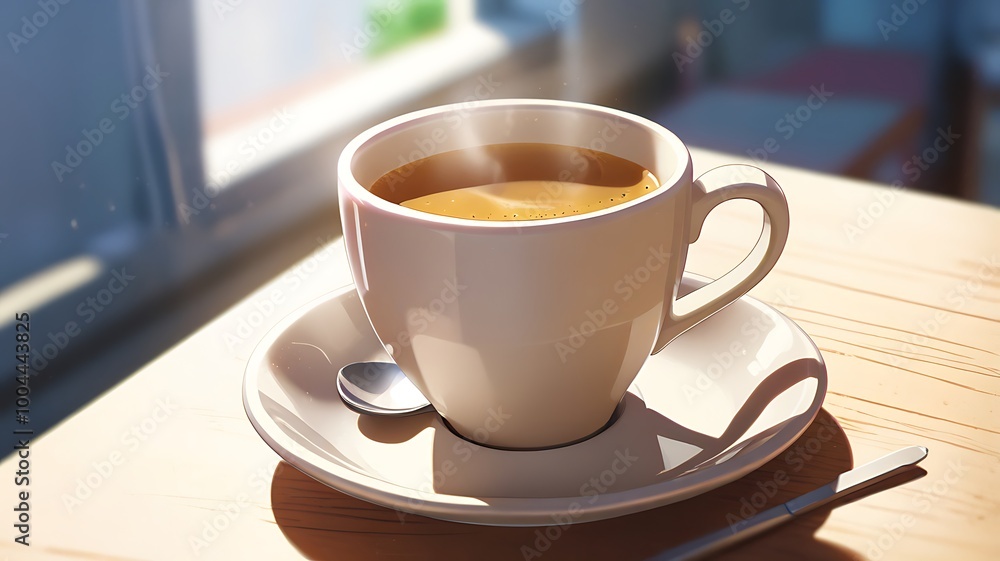 A clean, white coffee cup sitting on a smooth, neutral-colored surface with soft natural lighting, emphasizing the simplicity of the design.