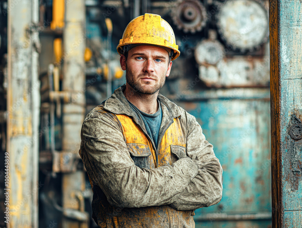 Industrial Worker at Dusty Construction Site Safety, Manual Labor, Bright Yellow Helmet, Protective Gear, Demanding Occupation Industrial Worker at Dusty Construction Site Safety, Manual Labor, Bright Yellow Helmet, Protective Gear, Demanding Occupation