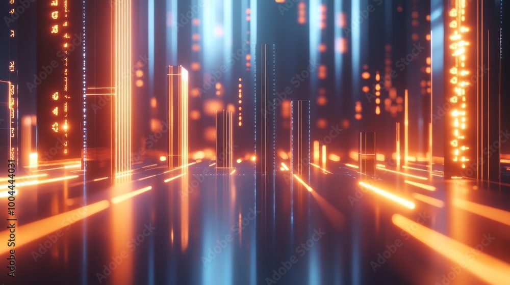 A 3D bar graph rising from a sleek, metallic surface, with glowing numbers and percentages floating around each bar, representing data growth in a corporate context A 3D bar graph rising from a sleek, metallic surface, with glowing numbers and percentages floating around each bar, representing data growth in a corporate context