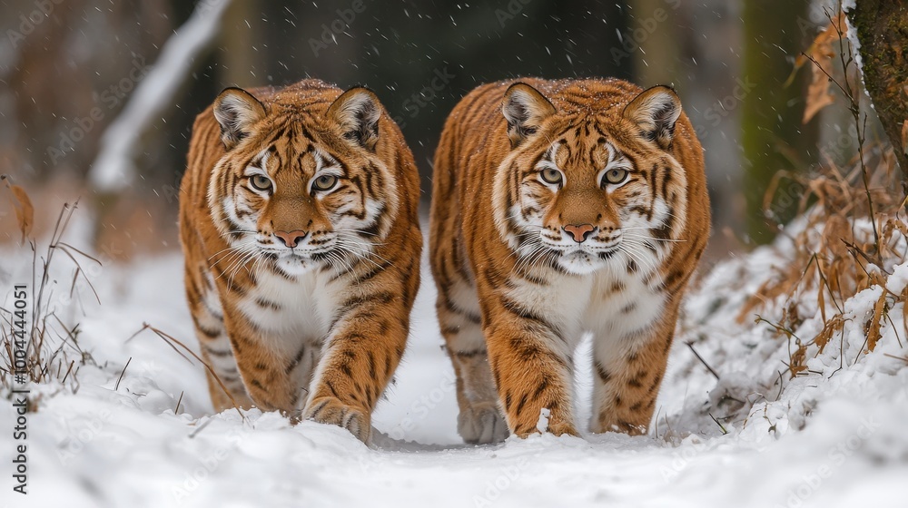 Obraz premium Two tigers walking through a snowy forest during winter, showcasing their striking beauty and powerful presence in nature