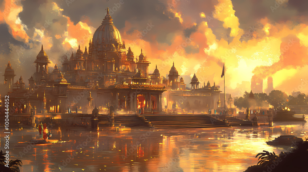 Obraz premium Shri ram mandir temple in ayodhya,birth place lord rama, january ,f pran pratishtha of shri ram. Hindu Temple. Illustration