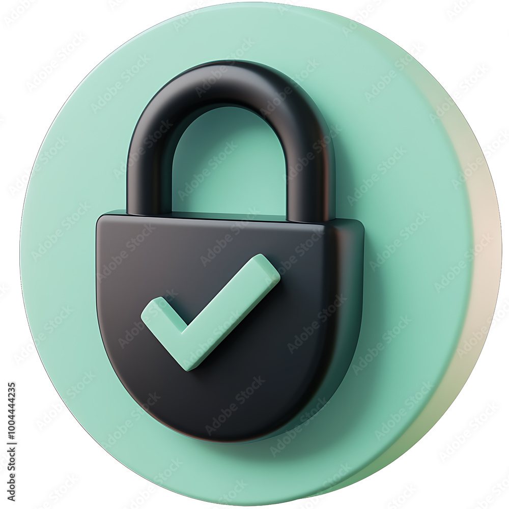 A 3D minimalistic padlock with a checkmark in black, soft pastel blue, and green. The icon features a circular, two-tone background, perfect for illustrating security and confirmation in modern app in A 3D minimalistic padlock with a checkmark in black, soft pastel blue, and green. The icon features a circular, two-tone background, perfect for illustrating security and confirmation in modern app in
