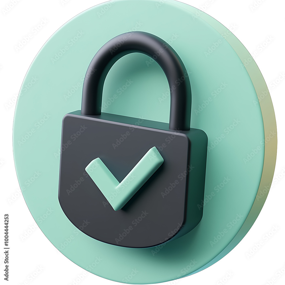 A 3D minimalistic padlock with a checkmark in black, soft pastel blue, and green. The icon features a circular, two-tone background, perfect for illustrating security and confirmation in modern app in A 3D minimalistic padlock with a checkmark in black, soft pastel blue, and green. The icon features a circular, two-tone background, perfect for illustrating security and confirmation in modern app in