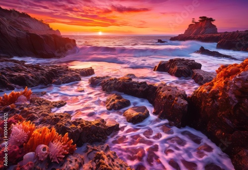 breathtaking coastal landscapes capturing vibrant hues sunrise sunset over ocean colorful skies reflections, aesthetic, ambiance, alluring, beach, beachfront photo