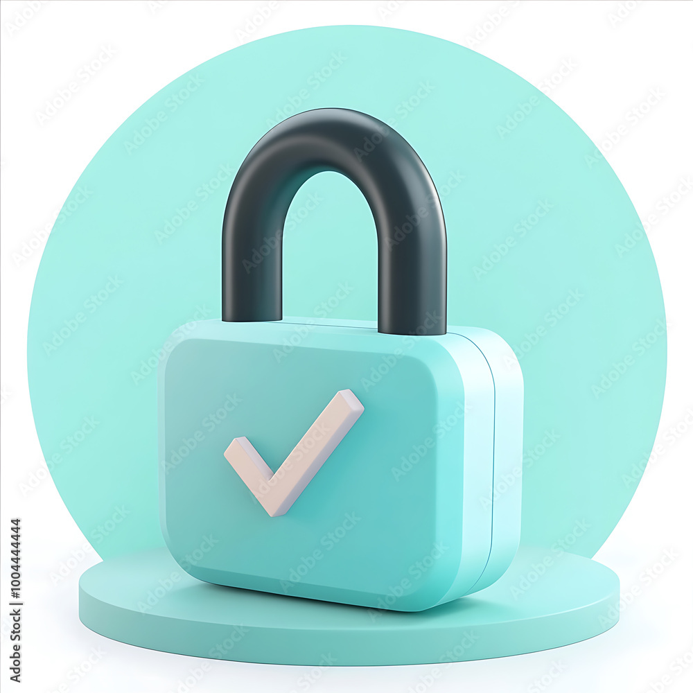 A 3D minimalistic padlock with a checkmark in black, soft pastel blue, and green. The icon features a circular, two-tone background, perfect for illustrating security and confirmation in modern app in A 3D minimalistic padlock with a checkmark in black, soft pastel blue, and green. The icon features a circular, two-tone background, perfect for illustrating security and confirmation in modern app in