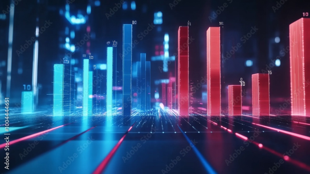 A 3D bar graph with blue and red bars, highlighting a business comparison between two competitors, with labels and numbers floating above each bar. A 3D bar graph with blue and red bars, highlighting a business comparison between two competitors, with labels and numbers floating above each bar.