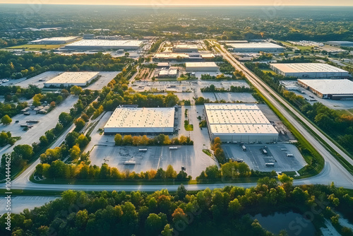 An aerial view of a modern industrial zone showcasing large warehouses and a broad central lot surrounded by vibrant greenery and trees