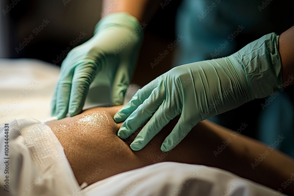 A close-up of two hands wearing green medical gloves examining or applying pressure to a patient's leg, focusing on the knee area. generative ai A close-up of two hands wearing green medical gloves examining or applying pressure to a patient's leg, focusing on the knee area. generative ai