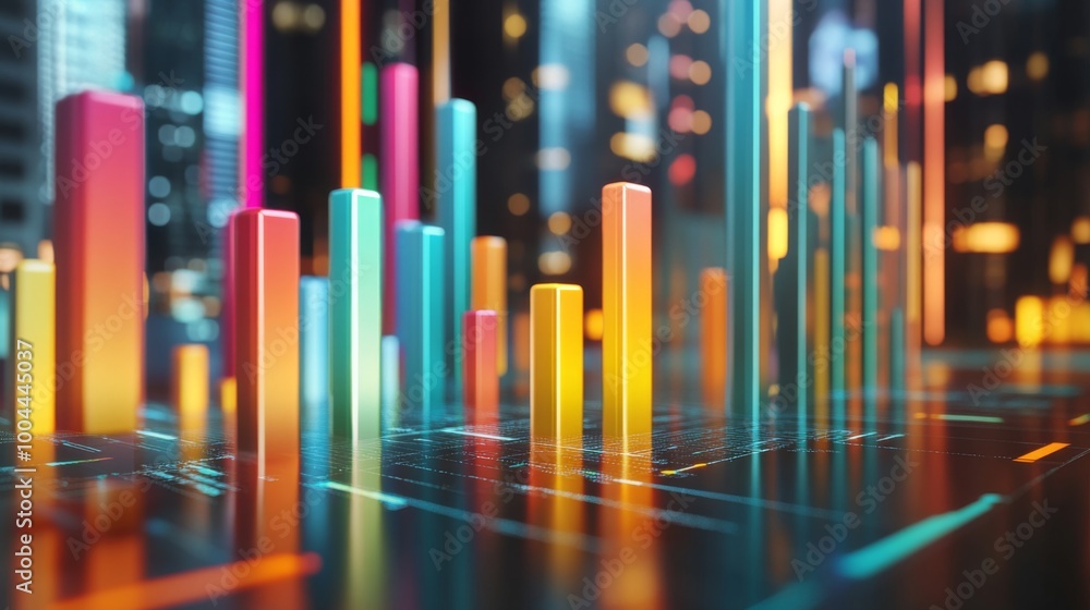 A 3D bar graph with colorful bars rising from a sleek, glossy surface, each bar representing different data points in a futuristic business presentation setting. A 3D bar graph with colorful bars rising from a sleek, glossy surface, each bar representing different data points in a futuristic business presentation setting.