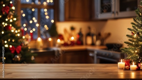 Christmas tree and dazzling lights in the background of a festive kitchen with an empty wooden table in the foreground