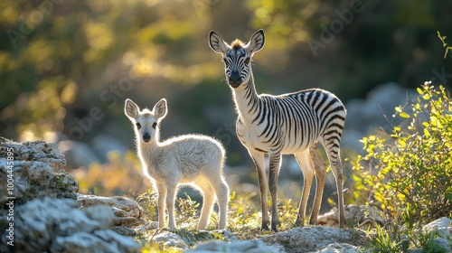 Mother zebra and her young foal standing together in the African savanna during golden hour light