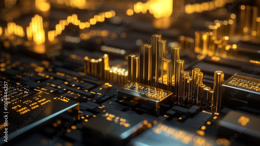 A 3D financial bar graph with gold and silver bars, rising on a dark ...