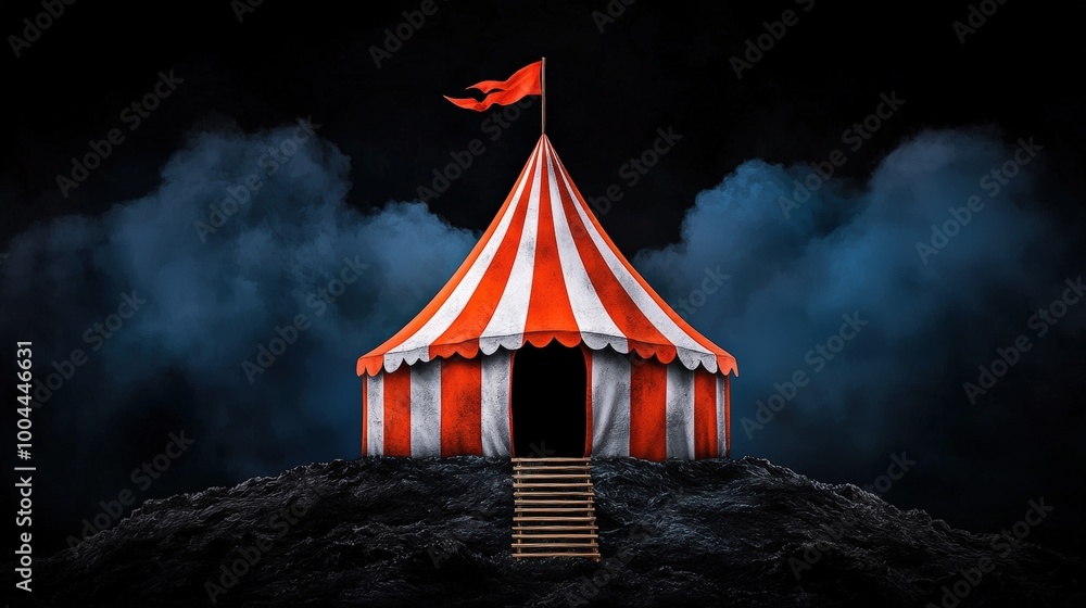 Circus tent with red and white stripes under a dramatic cloudy sky. Circus tent with red and white stripes under a dramatic cloudy sky.