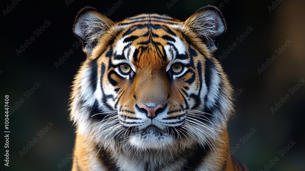 Fototapeta premium A close-up view of a Bengal tiger showcasing its intense gaze and distinct striped fur in a natural habitat during the day