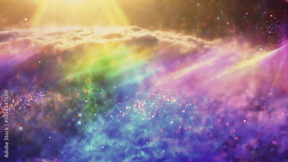 A vibrant, ethereal landscape with rainbow hues and sparkling particles under a golden light. A vibrant, ethereal landscape with rainbow hues and sparkling particles under a golden light.
