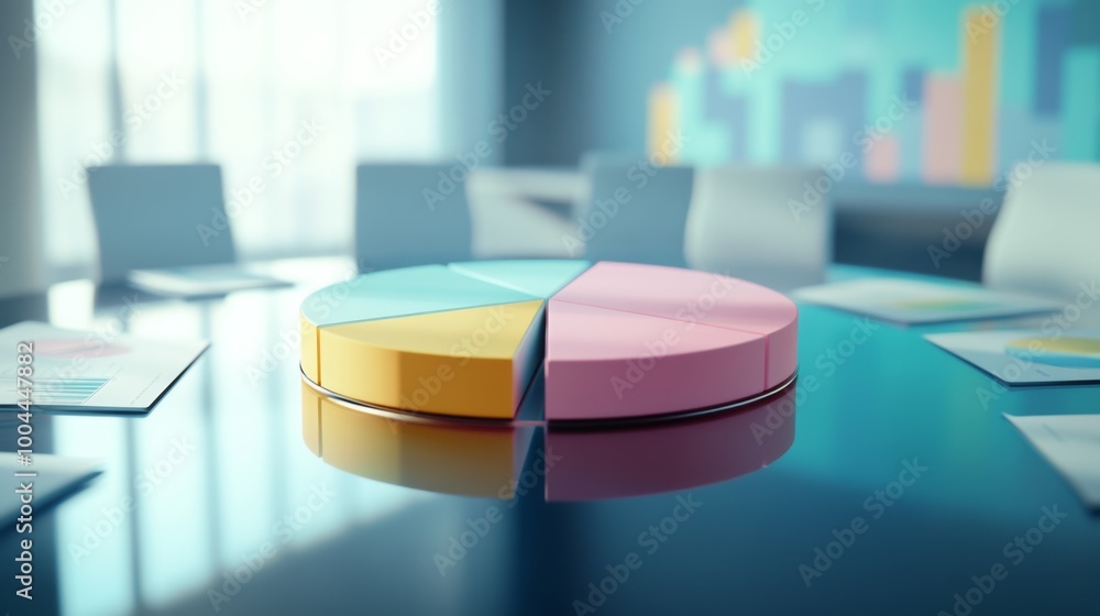 A 3D pie chart with soft pastel colors, displayed on a sleek glass table, with labels and financial statistics floating around each slice in a corporate boardroom setting. A 3D pie chart with soft pastel colors, displayed on a sleek glass table, with labels and financial statistics floating around each slice in a corporate boardroom setting.
