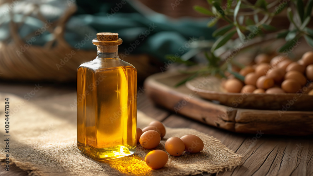 Argan oil in bottle with argan fruits on wooden surface. Organic ingredient for skincare, health, and culinary applications. Concept of versatile beauty, wellness product for cosmetics, aromatherapy Argan oil in bottle with argan fruits on wooden surface. Organic ingredient for skincare, health, and culinary applications. Concept of versatile beauty, wellness product for cosmetics, aromatherapy