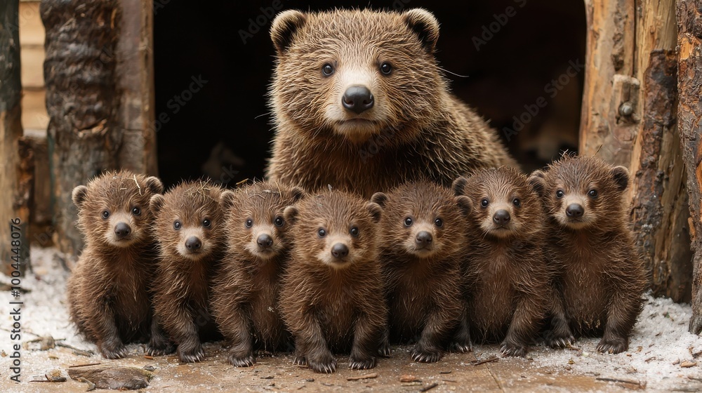 Obraz premium A mother bear and her seven playful cubs gather outside their den in a forest setting during early spring
