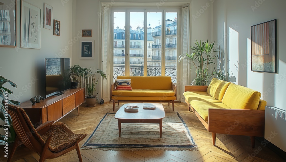 Fototapeta premium Modern Living Room with Yellow Sofa and Large Window