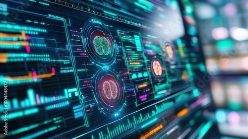 Marketer analyzing brainwaves on a digital interface, using neuromarketing to predict customer behavior, with data streams representing different emotional responses