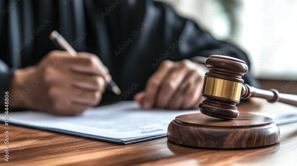 A judge writing notes with a gavel on a desk, symbolizing legal proceedings. A judge writing notes with a gavel on a desk, symbolizing legal proceedings.
