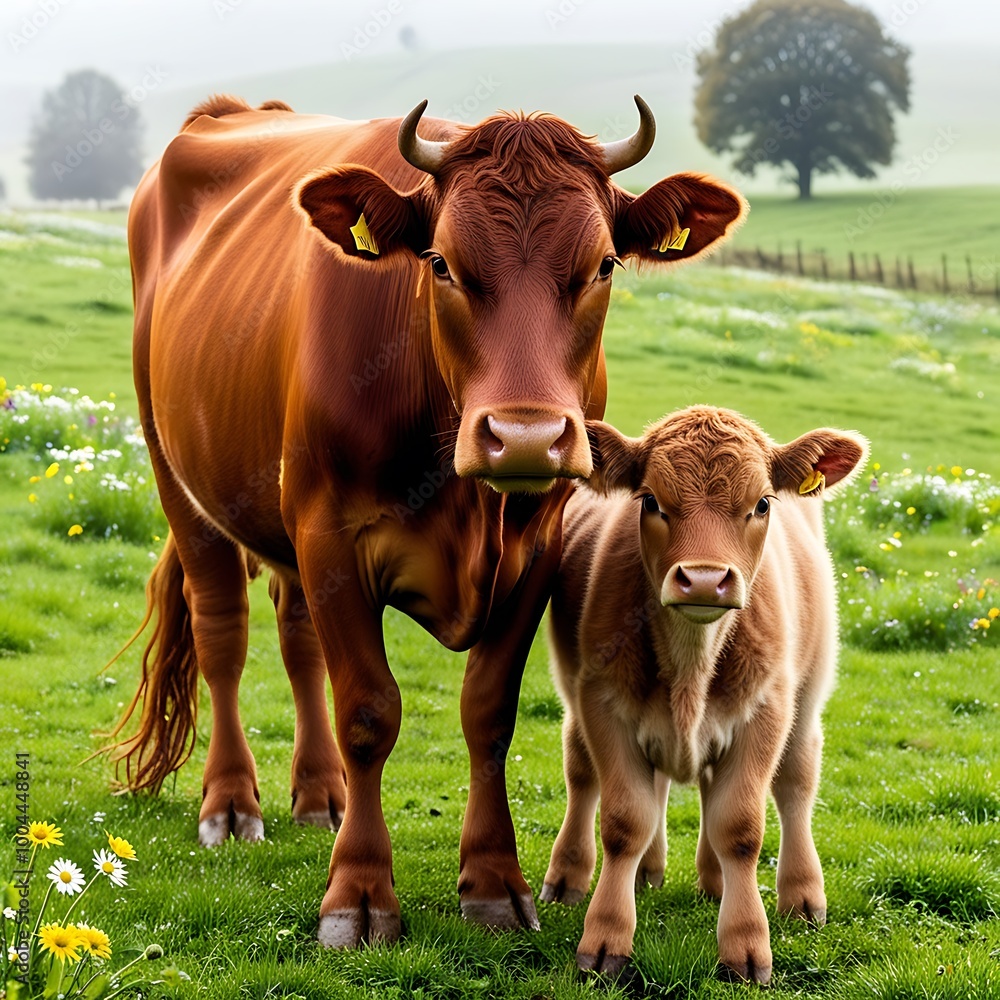 Cow and Calf in a Pastoral Field captures the serene beauty of farm ...