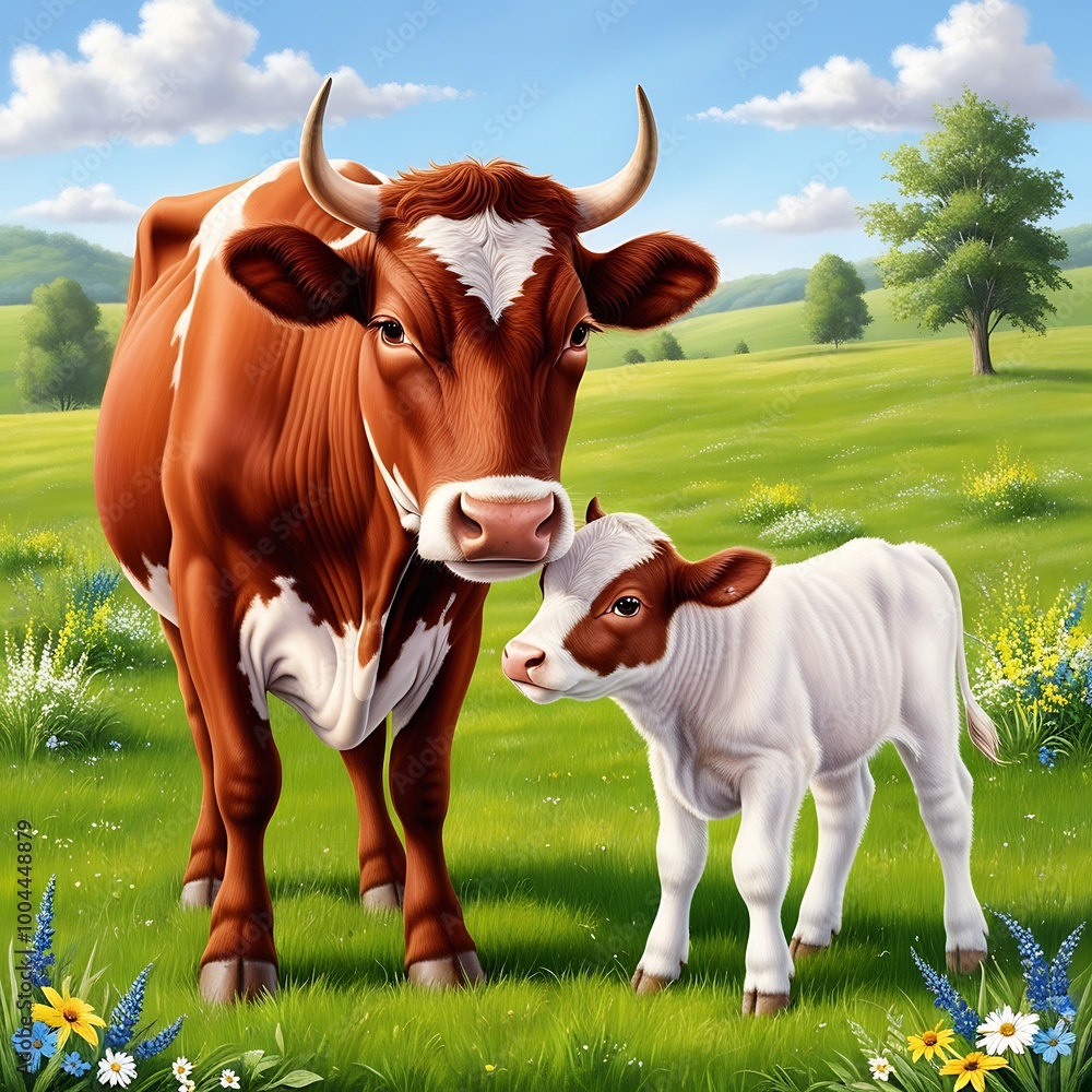 Cow and Calf in a Pastoral Field captures the serene beauty of farm ...