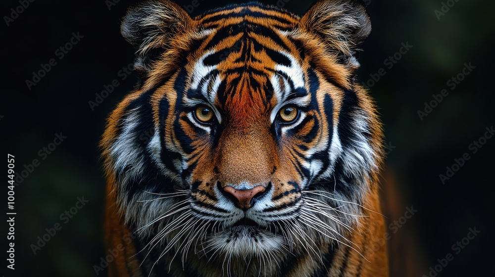 Majestic tiger with striking fur and intense gaze in a dark forest setting at dusk Majestic tiger with striking fur and intense gaze in a dark forest setting at dusk